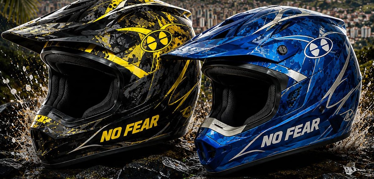 Cascos No Fear amarillo y azul que se entregan en cada tour
