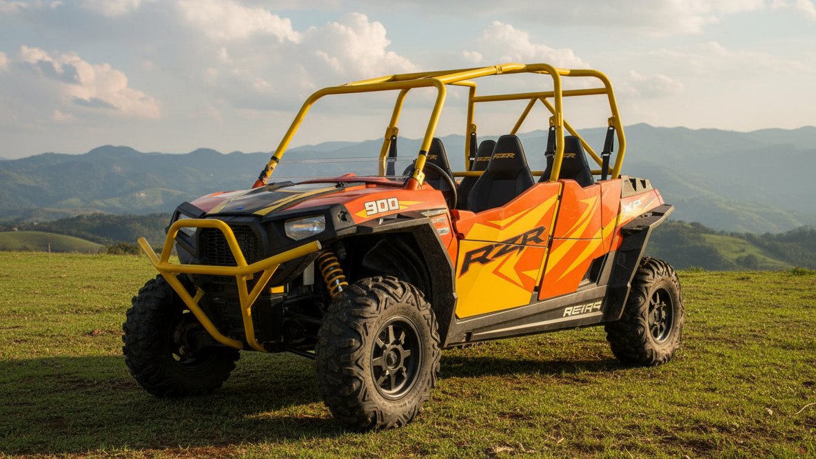 RZR XP 4 900 naranja con jaula amarilla en campo abierto